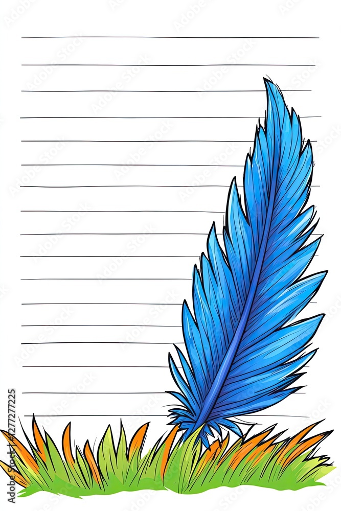 Poster a single blue feather rests on the bottom right corner of a white page with lined paper. there is gr