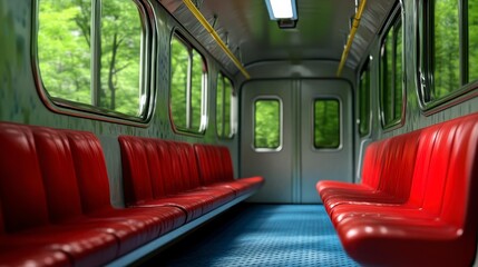 Fototapeta premium Empty Red Seated Train Car with Lush Green Forest View