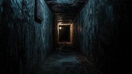 Dimly Lit Abandoned Corridor with Crumbling Walls and Ceiling