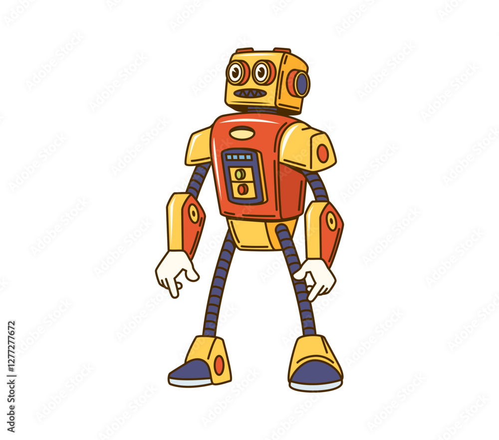 Poster cartoon retro robot, groovy character or transformer droid with comic face, vector android toy. groo
