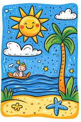 A smiling sun shines down on a person paddling a canoe towards a palm tree on a beach with starfish and a flower.