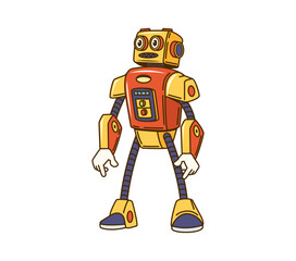 Cartoon retro robot, groovy character or transformer droid with comic face, vector android toy. Groovy retro robot with mechanical arms, robotic cyborg bot with buttons for hipster droid character