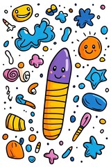 A smiling yellow and purple crayon surrounded by various colorful doodles.