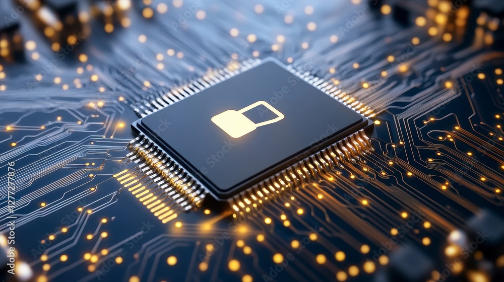 Poster glowing padlock icon on a computer microchip