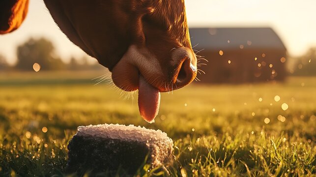 A close-up view of a cow using its tongue to lick a salt block in a sunlit pasture with soft grass in the foreground and a barn in the background, capturing the essence of rural life