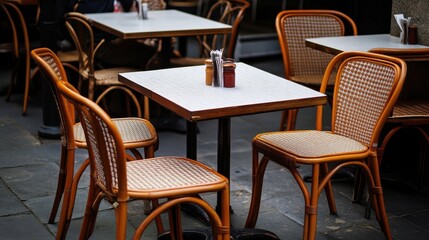Rustic Outdoor Cafe Setting with Wooden Chairs and Tables