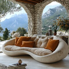 stone sofa tranquil outdoor ambiance high resolution hd picture