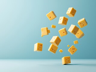 Floating yellow cheese cubes against a blue background