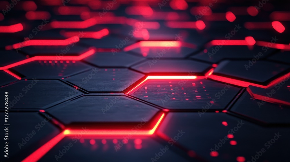 Poster abstract hexagonal pattern with neon red light effects on surface