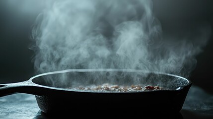 Steaming Cast Iron Skillet with Cooking Food in Dim Lighting