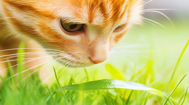 Close-up of an inquisitive orange tabby cat sniffing fresh green grass under natural sunlight