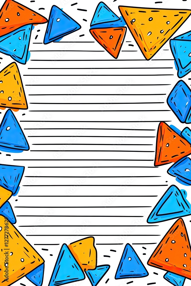 Poster a vertical lined paper sheet with a border of blue and orange triangle shapes.