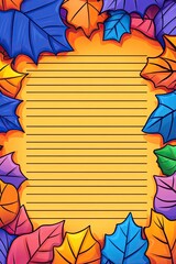 A vertical lined paper background with colorful autumn leaves around the border.