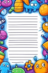 Fototapeta premium A vertical lined paper sheet with a colorful cartoon border of strange creatures, toys, and items.