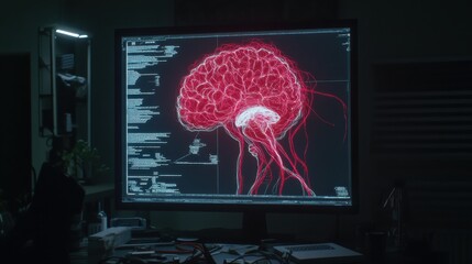 A futuristic digital mind map glowing in a dark workspace,