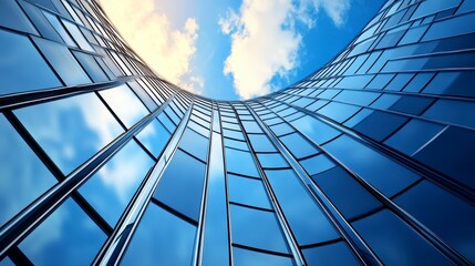 Obraz premium Modern Glass Skyscraper Exterior Against Blue Sky