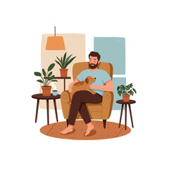 Man Relaxing in Armchair with Dog and Plants at Home