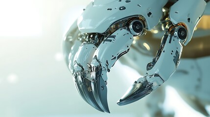 Close-up view of a futuristic robotic claw with intricate details and mechanical components, showcasing a blend of metallic colors and advanced technology in a sleek environment with soft lighting