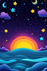 A vibrant, colorful sunset over the ocean with stars and clouds in the night sky.