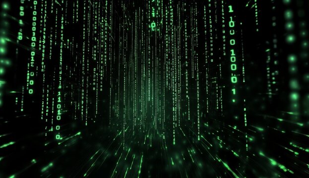 Digital binary code rain effect in a dark tunnel, showcasing technology