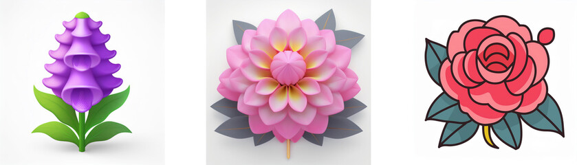 Fototapeta premium A set of three floral illustrations. The first is a purple bell-shaped flower, the second is a pink layered flower, and the third is a red rose with green leaves.
