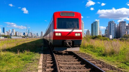 Obraz premium Red Train Approaching Modern City Skyline on Sunny Day