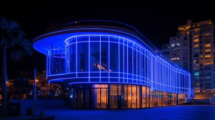 Obraz premium Modern building at night with blue neon lighting