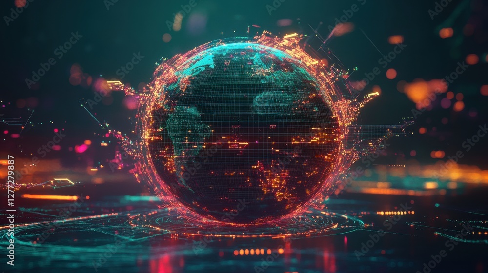 Poster futuristic digital globe with neon lights and data streams