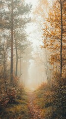 Fototapeta premium Misty Autumn Forest Path with Golden Leaves and Soft Light