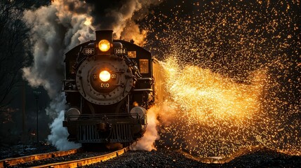 Vintage Steam Train Emitting Sparks in Dramatic Night Scene