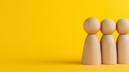 Three Wooden Figurines on Yellow Background