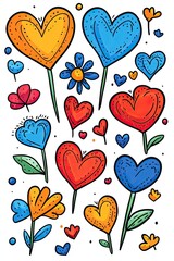 A whimsical illustration of colorful heart-shaped flowers in a vibrant, doodle style.
