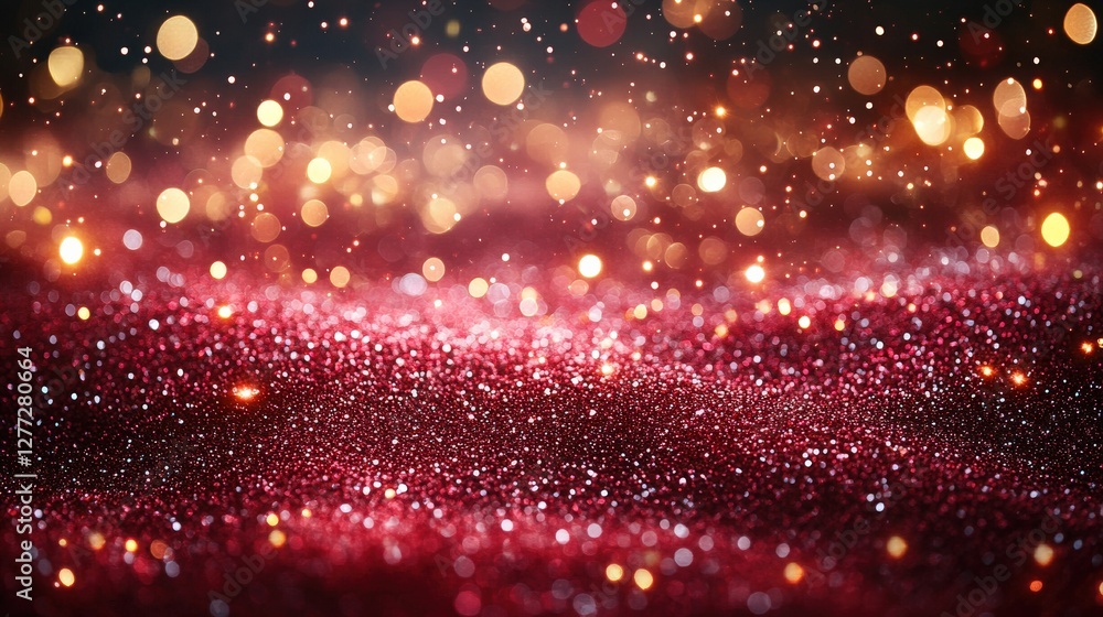 Poster sparkling red and gold glitter background with soft bokeh lights, perfect for festive themes