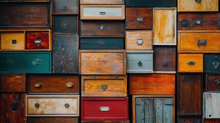 Colorful Wooden Drawers in a Vintage Collection on Wall