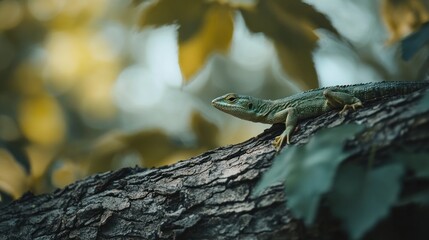 Obraz premium A green lizard rests on a tree branch, basking in the dappled sunlight filtering through leaves.