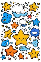 Obraz premium A whimsical pattern of cute stars, clouds, and smiling blobs in different colors.
