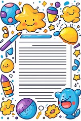 A whimsical white background with colorful cartoon characters, stars, and a lined page perfect for writing notes, letters, or lists.
