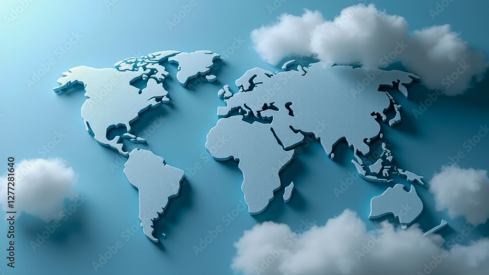 Poster blue world map illustration with clouds in a modern style for use in travel and geography concepts