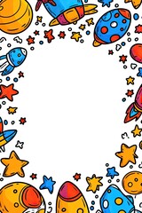 A white background with a border of space doodles including stars, planets, and spaceships.