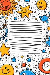 Fototapeta premium A white background with a frame of colorful hand-drawn stars and suns.