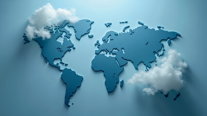 Naklejka premium Blue World Map with Clouds Illustrating Global Concepts in Modern Design, Perfect for Travel, Geography, or Education Themes