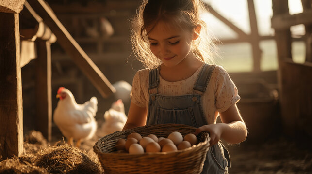 A young girl in overalls collecting fresh eggs in a woven basket, the morning light filtering through the wooden beams of the chicken coop