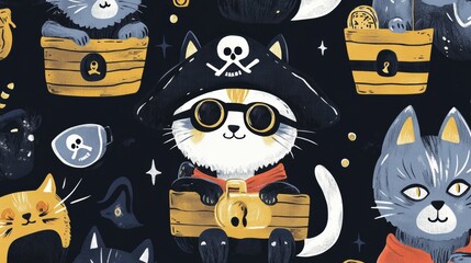 Playful Pirate Cats in Cartoon Style with Fun Accessories and Background