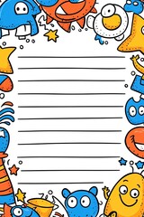 Fototapeta premium A white lined paper background with colorful cartoon monsters around the edges.