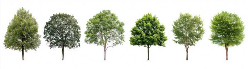 Lush green trees in various stages of growth and seasonal change, showcasing diverse foliage and shapes. Perfect for nature themed projects or environmental concepts