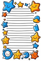 Obraz premium A white lined paper with a colorful doodle border of smiling stars, hearts, and a moon.