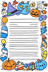 Fototapeta premium A white lined paper with a colorful Halloween border.