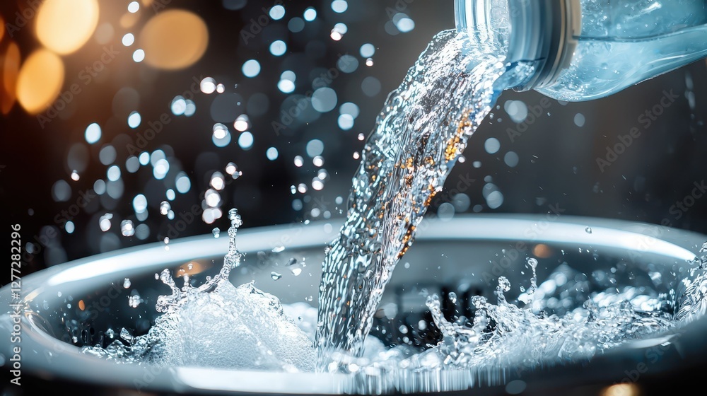 Poster water flowing from bottle into basin with sparkling background