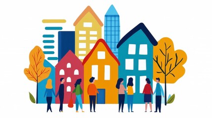 Fototapeta premium Diverse People in Colorful City Neighborhood Autumn Illustration