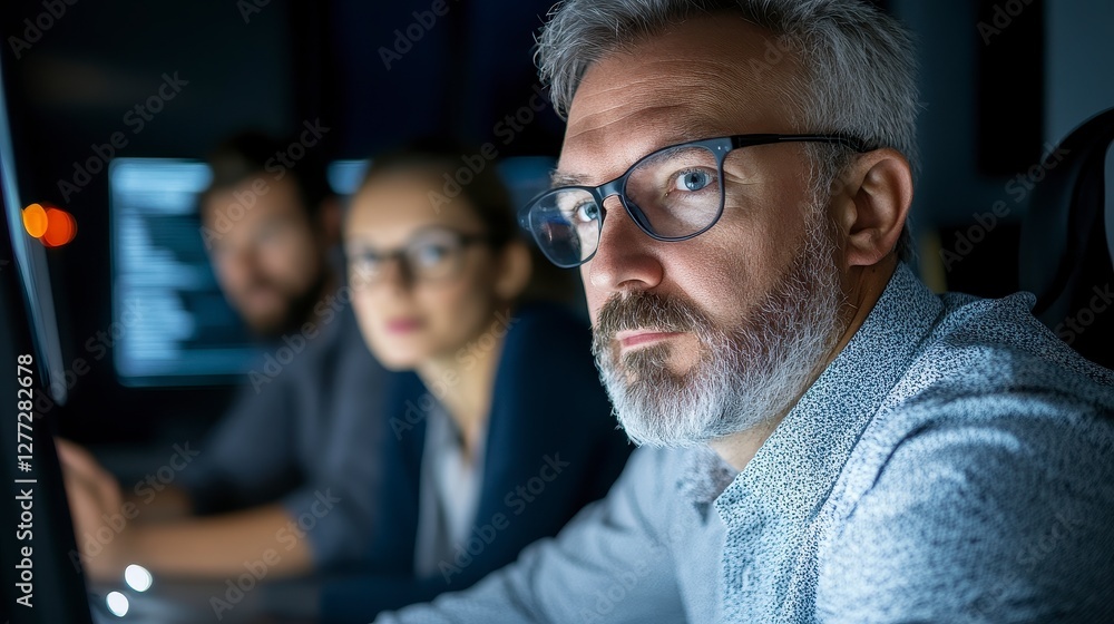 Poster focused programmers working late at night illuminated by computer screens